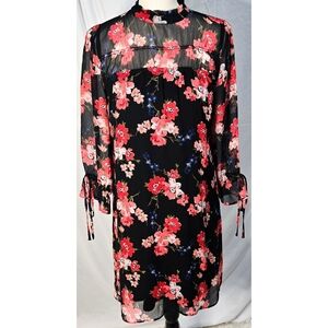 Express Shift Dress Black Dark Floral Red Coral Blue Sheer High Neck